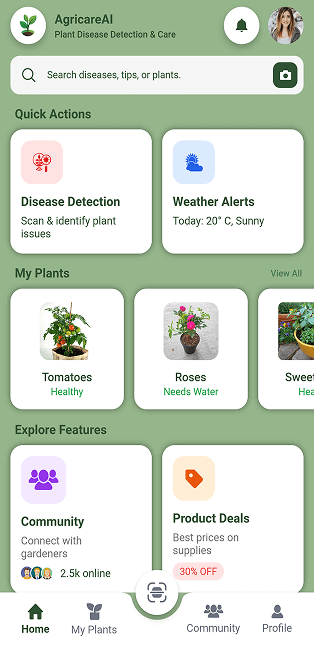 AgricareAI home screen with AI farming tools and crop insights