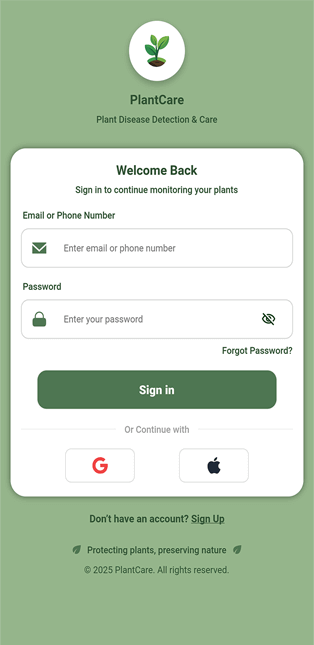 AgricareAI Login Screen - Sign in to your smart farming assistant