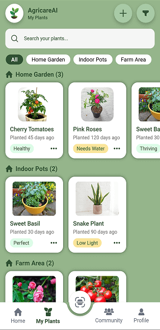 My plant list section showing monitored crops in AgricareAI