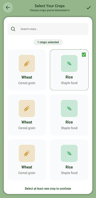 Choose crop screen to begin diagnosis in AgricareAI