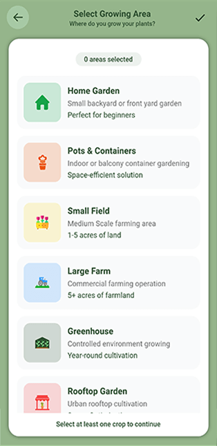 Select growing area screen in AgricareAI app